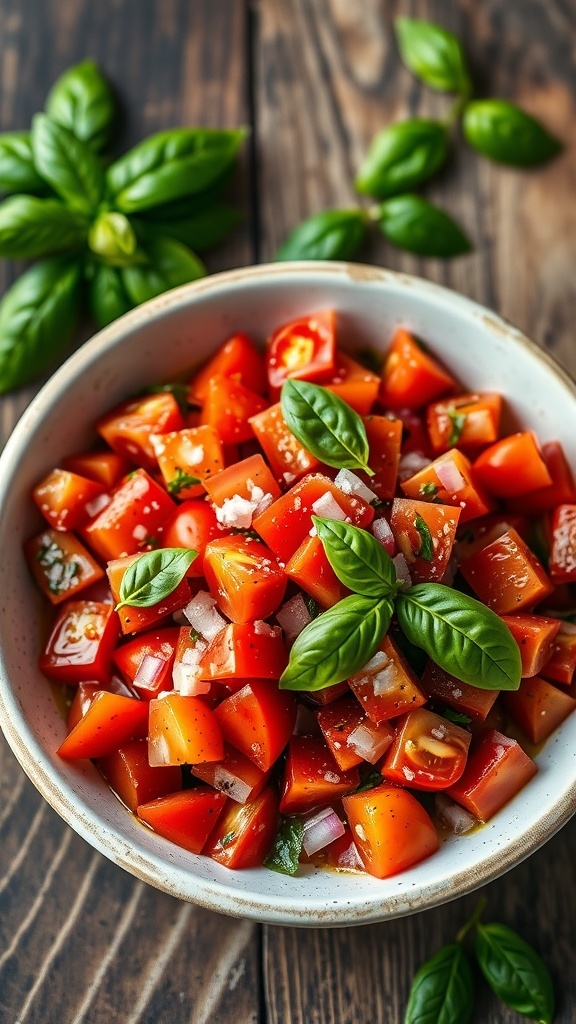Longchamp Tomato XS Recipe A colorful Longchamp Tomato XS salad with diced tomatoes, onions, and basil in a rustic bowl.